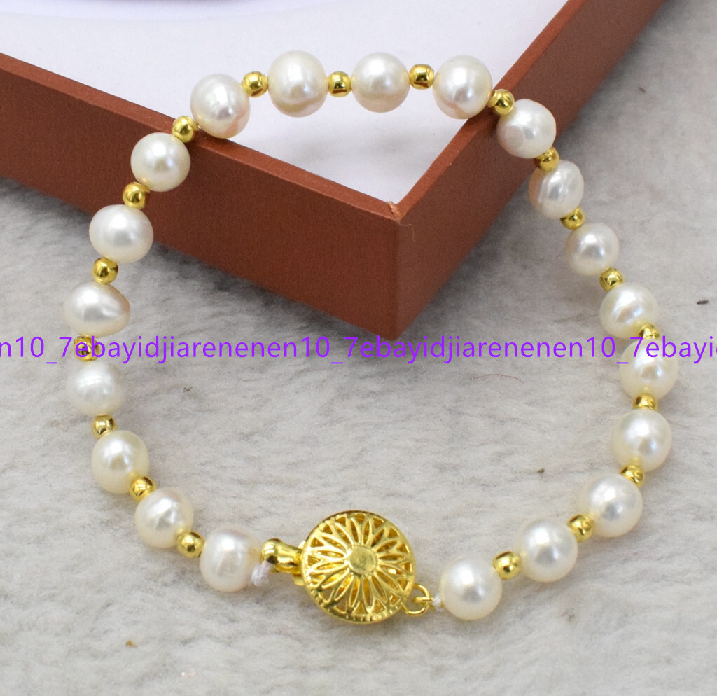New Natural 7-8/8-9/9-10mm White Freshwatre Cultured Pearl Bracelet 7.5 in