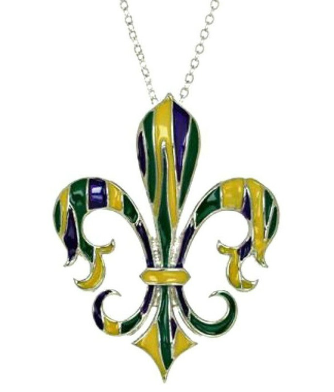 Large Mardi Gras Fleur De Lis Pandant Necklace with 24″ Chain & Gift Box