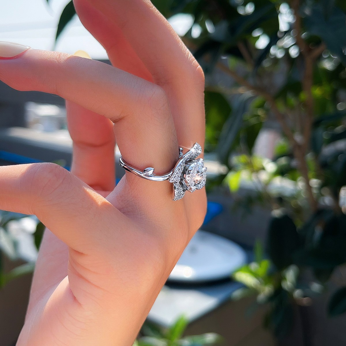 Exquisite Flower Engagement Ring Silver Plated CZ Zirconia Adjustable Women Gift