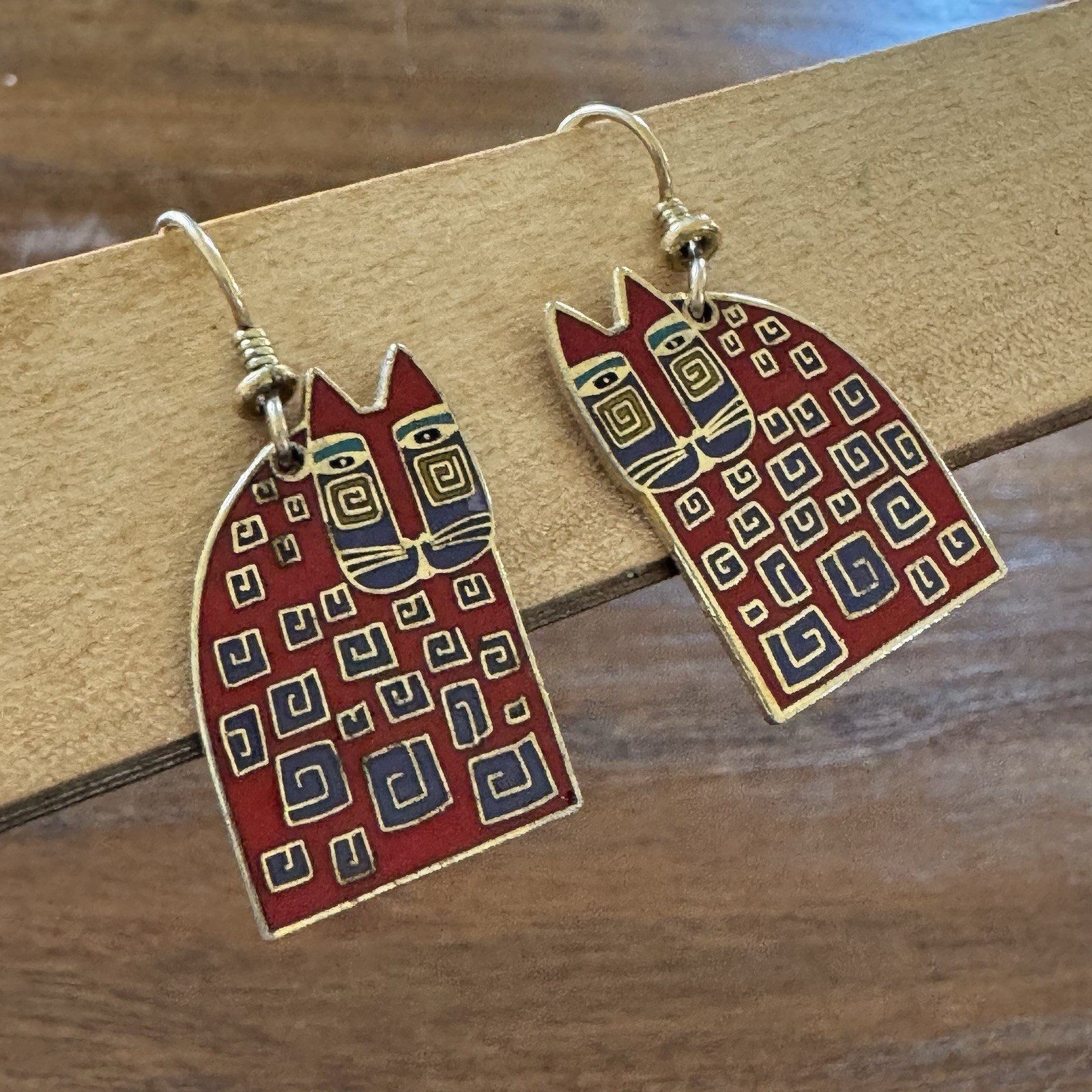 Vintage Laurel Burch Red Cat Cloisonne Enamel Dangle Earrings Rare French Wire