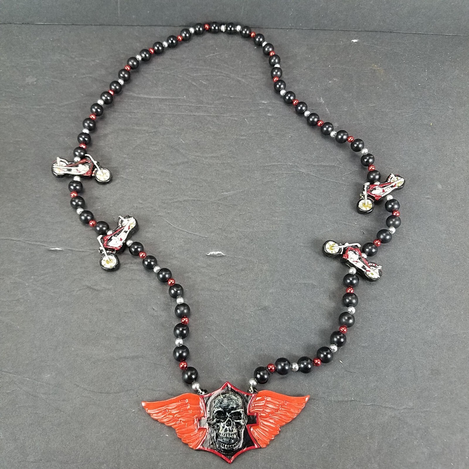 Skull and Motorcycles 36″ Necklace Mardi Gras Beads Plastic Resin