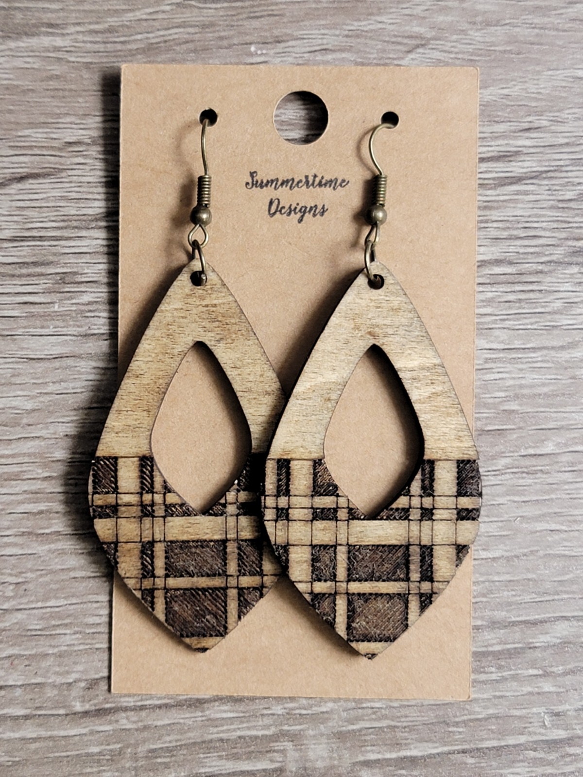 Hand Painted Laser Cut Wood Earrings Diamond Shaped Walnut Plaid 3″