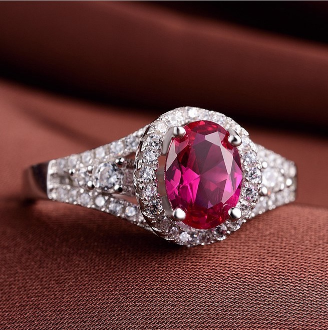 Rhodium Finish Sterling Silver Oval Lab-created Ruby CZ Adjustable Bang Ring K40