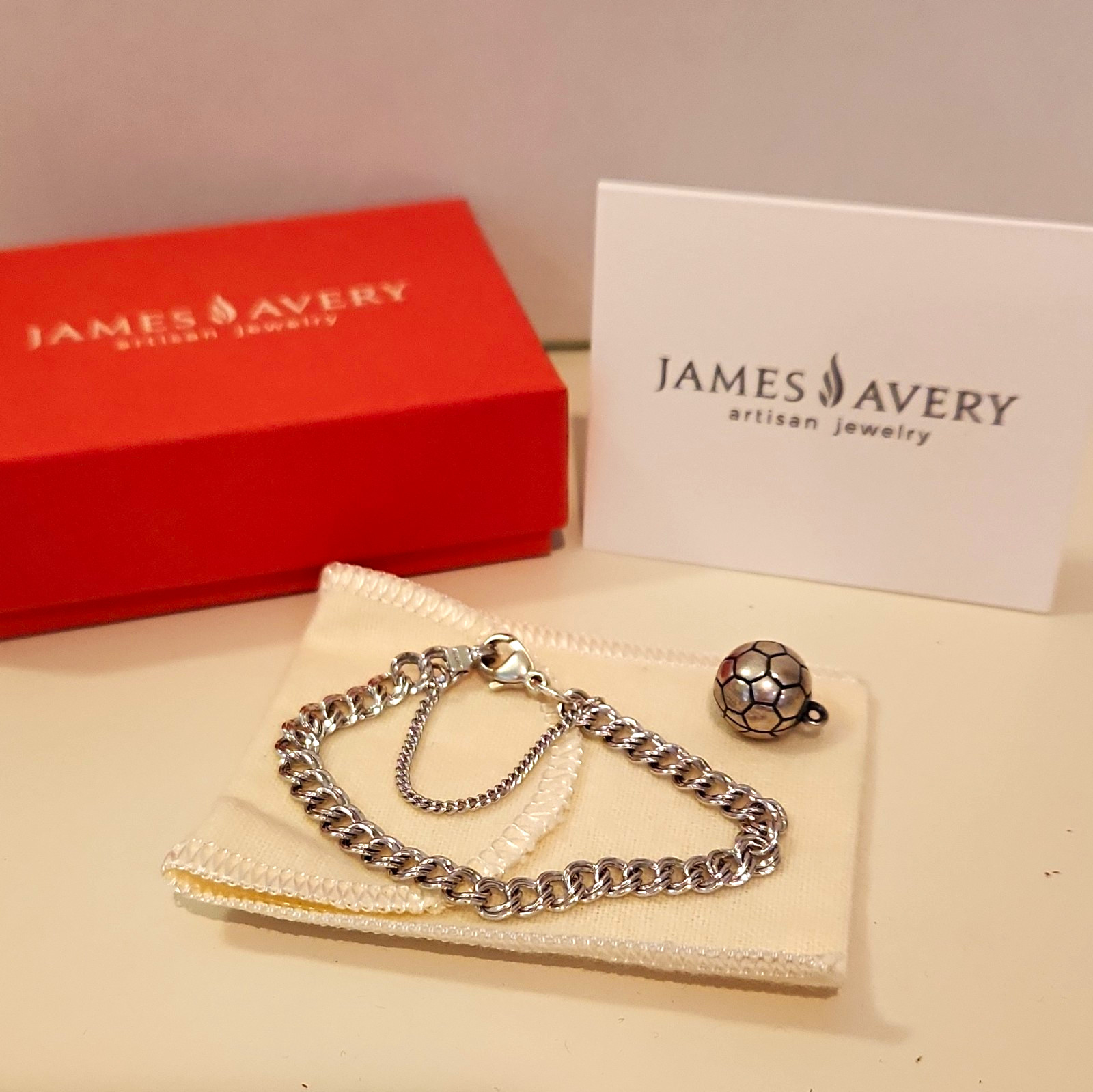 James Avery Silv. Chain Bracelet w/ Safety Chain & Soccer Charm. 6 in For Child
