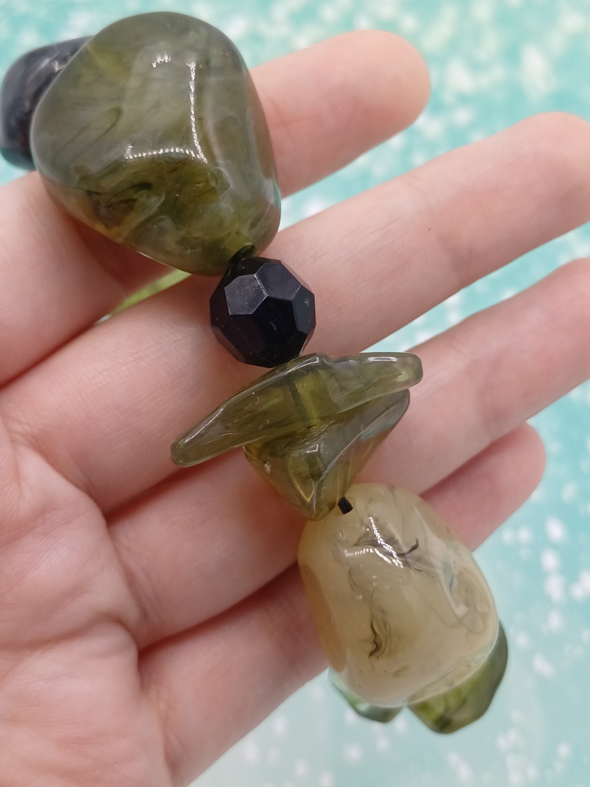 Chunky Green And Grey/Black Mixed Shaped Beaded Elasticated Stretch Bracelet