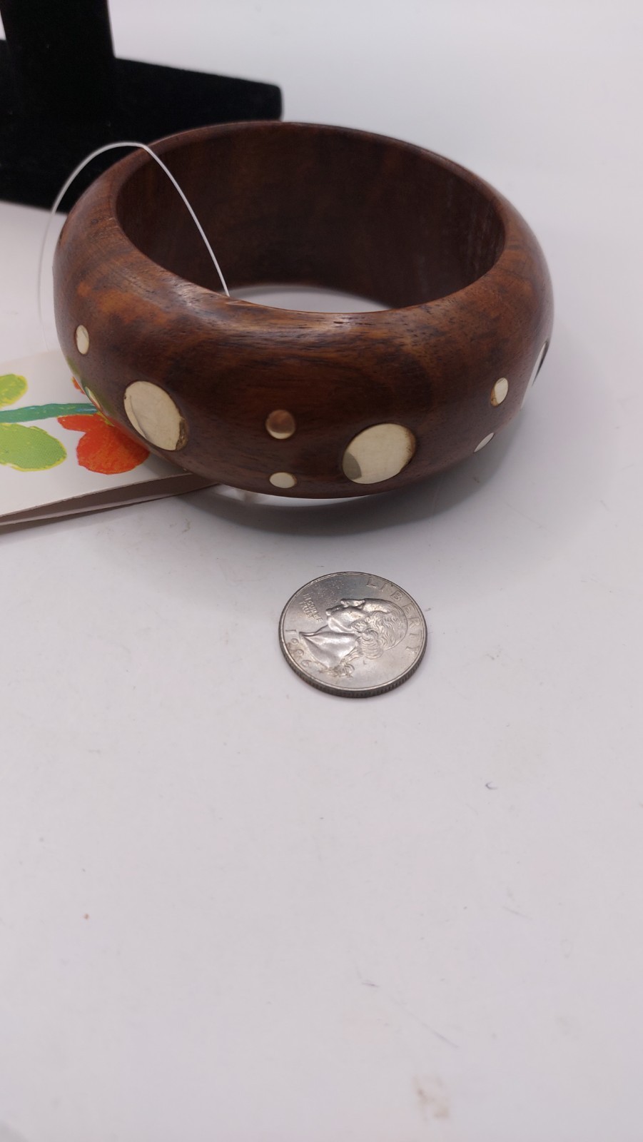 Rounded Wood Bracelet Beautiful Grain Metal Inlay Dots
