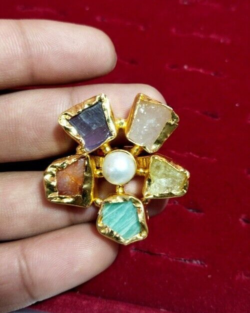 Natural Multi stone Handmade Adjustable Ring Gemstone Brass Ring Raw Ring.