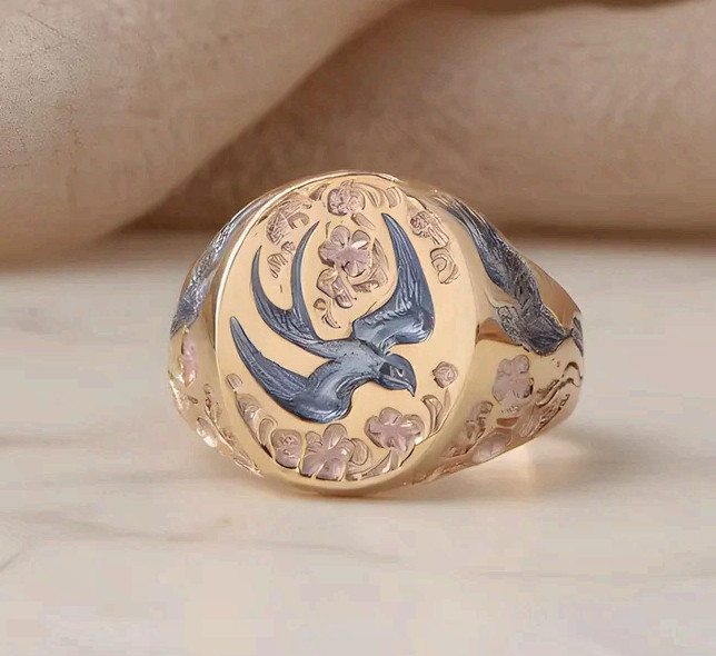 Rose Gold Copper Signet Ring Swallow Bird