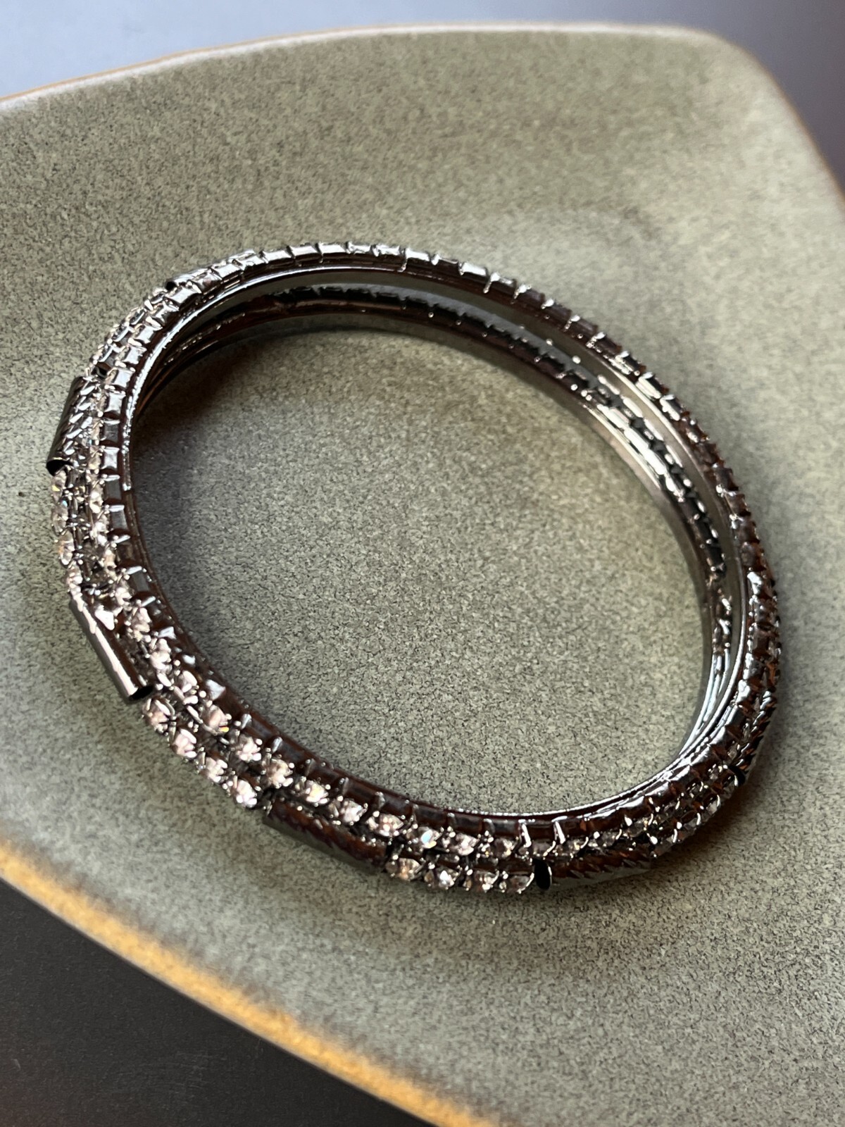Clear Rhinestone Encrusted & Oxidized Silvertone Bangle Bracelet – 2.25 inches a