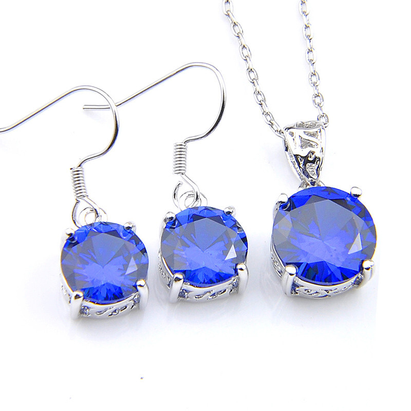 Wedding Set 2 Pcs 1 Lot Natural Round Swiss Blue Topaz Silver Pendant Earrings