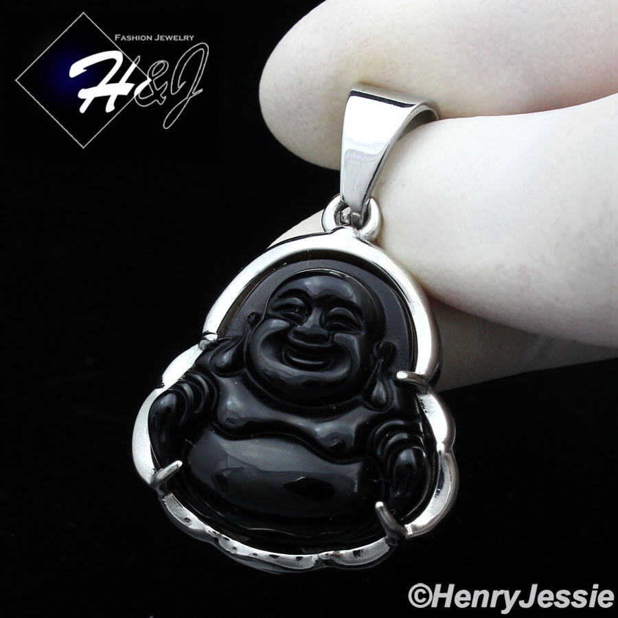MEN WOMEN Stainless Steel Black Onyx Silver Buddha Charm Pendant*P123