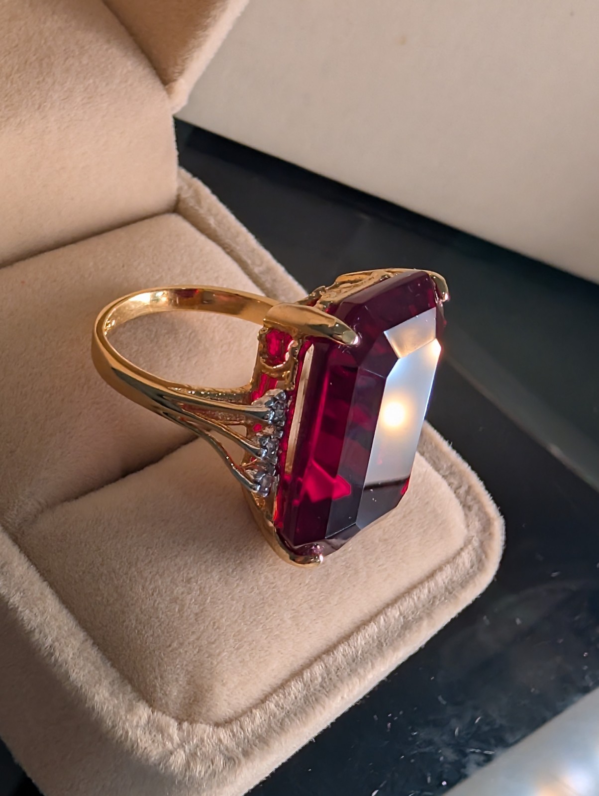 Massive Ruby-Style Red Stone Cocktail Ring 18K GEP Glam Size 8.75