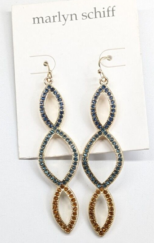 Marlyn Schiff Chunky Blue & Orange Rhinestone Twisting Loop Pierced Earrings