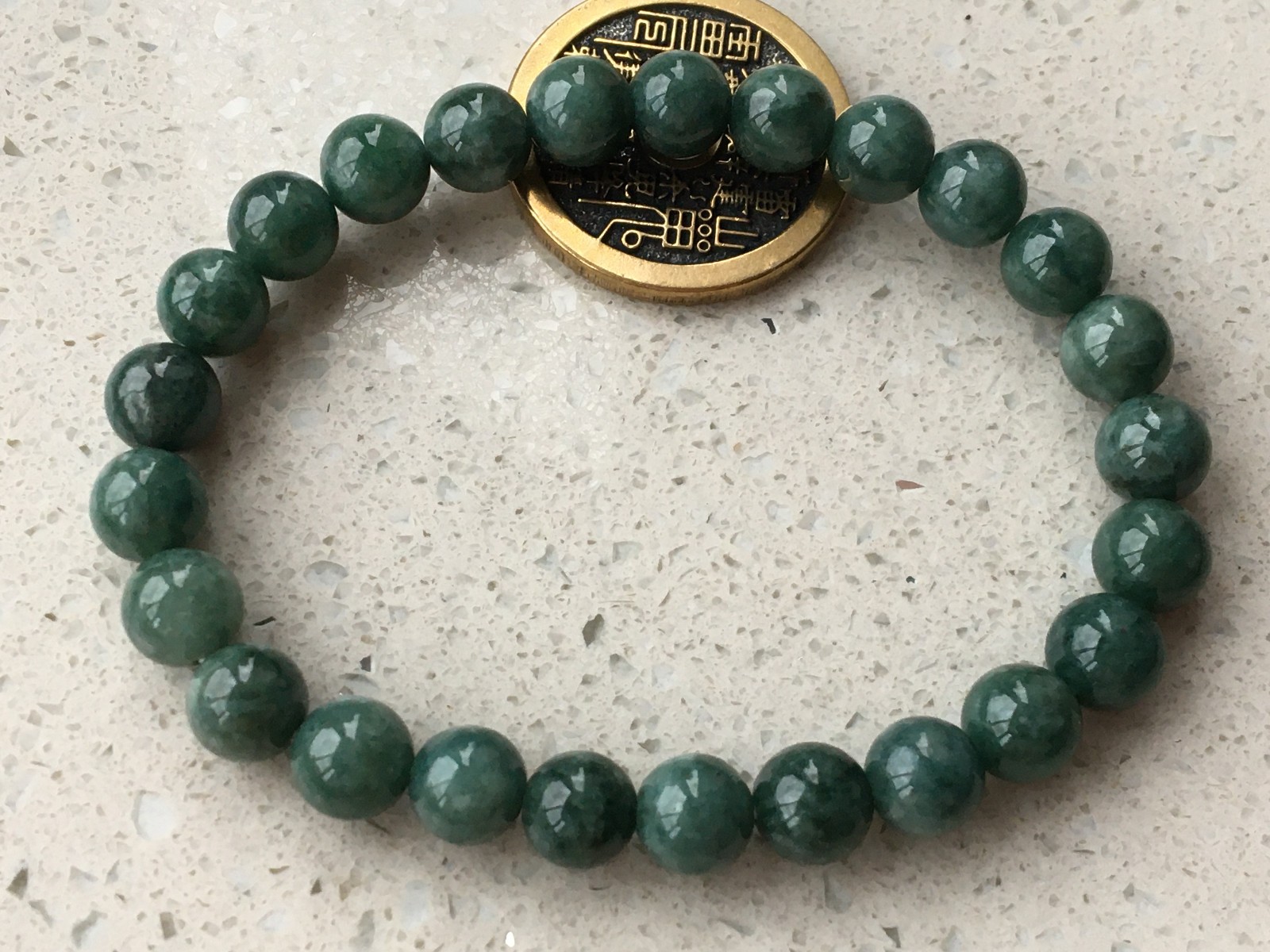 7.8mm certified 100% Natural Burma jadeite carve luck Reiki beads Bracelet 6703