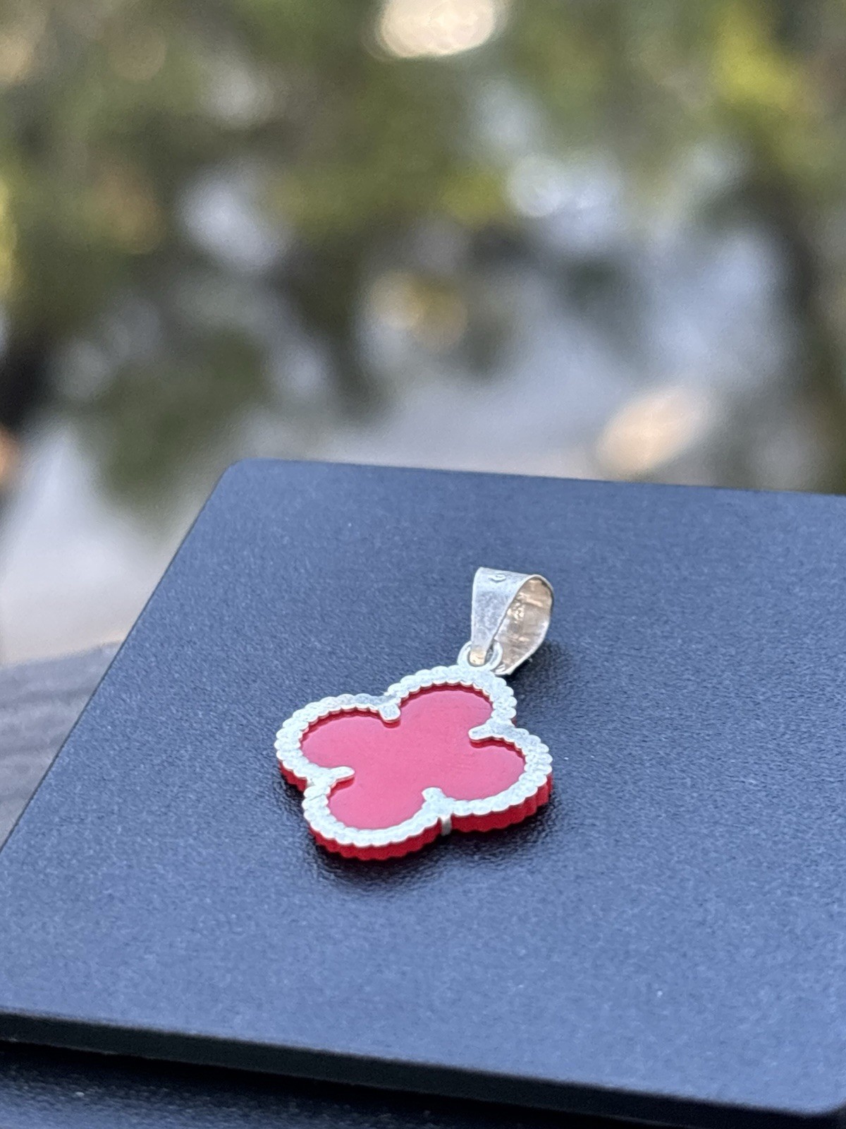 Silver 925 Red Enamel Clover Pendant Charm, Flowers & Plants Theme, No Stones