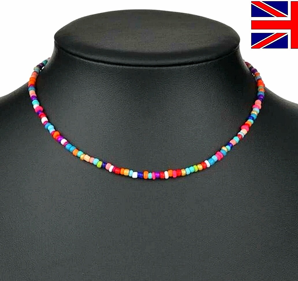 Multicoloured Seed Beads Necklace Choker Rainbow Chocker with Extender Chain UK