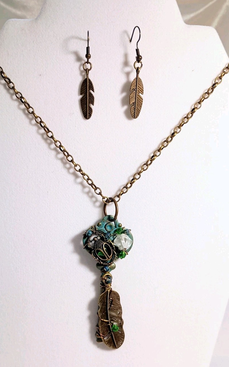 Key Wire Wrapped Pendant Handmade Long Chain Necklace Glass Beaded & Earrings