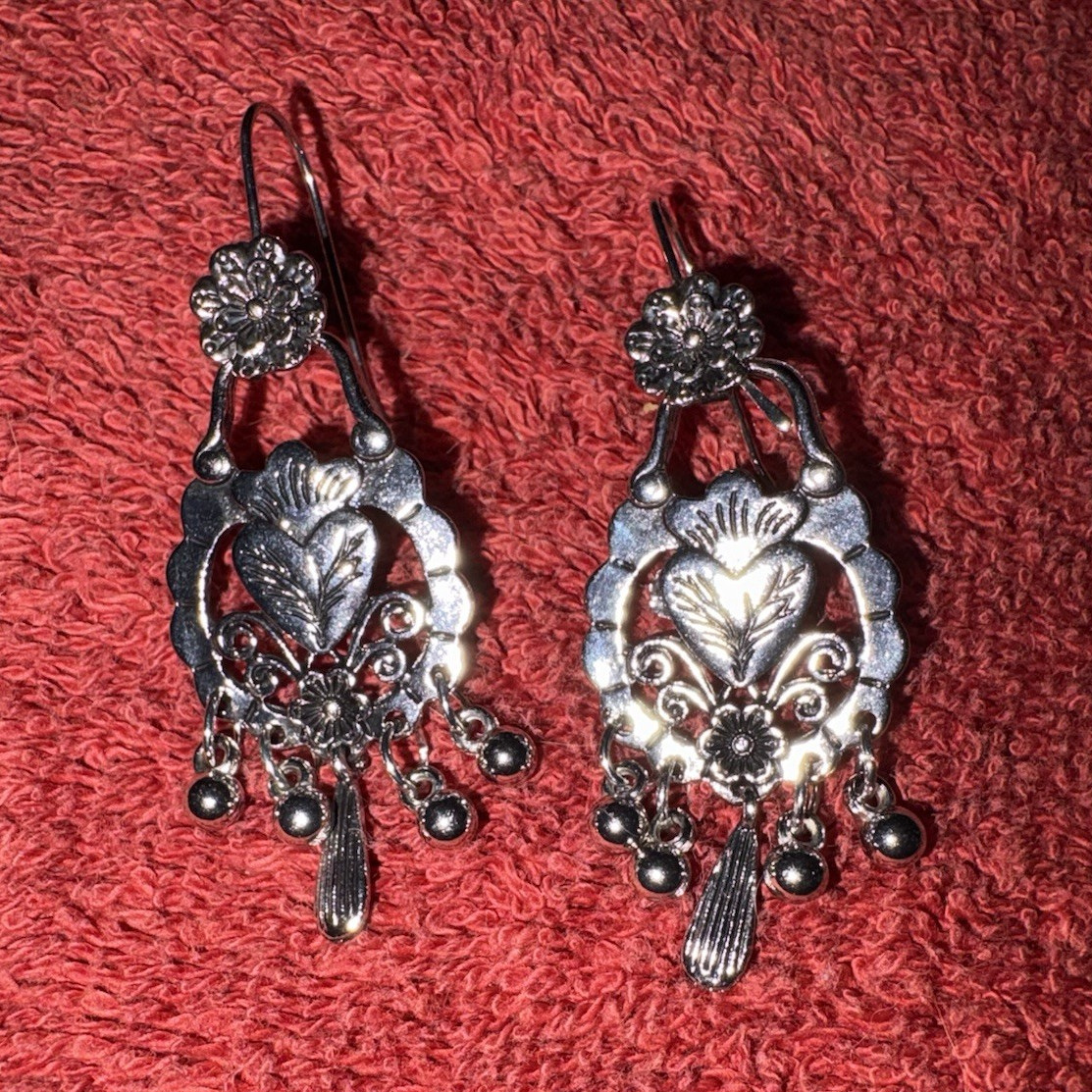 Silver Tone Floral & Heart Motif Beaded Dangle Drop Hook Earrings