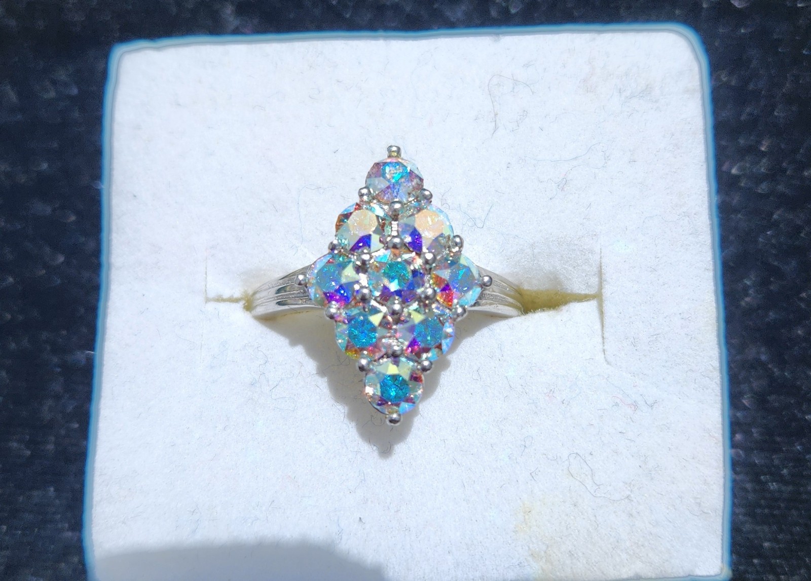 Swarovski Aurora Borealis Crystal Stone Ring Size 7 Platinum Plated