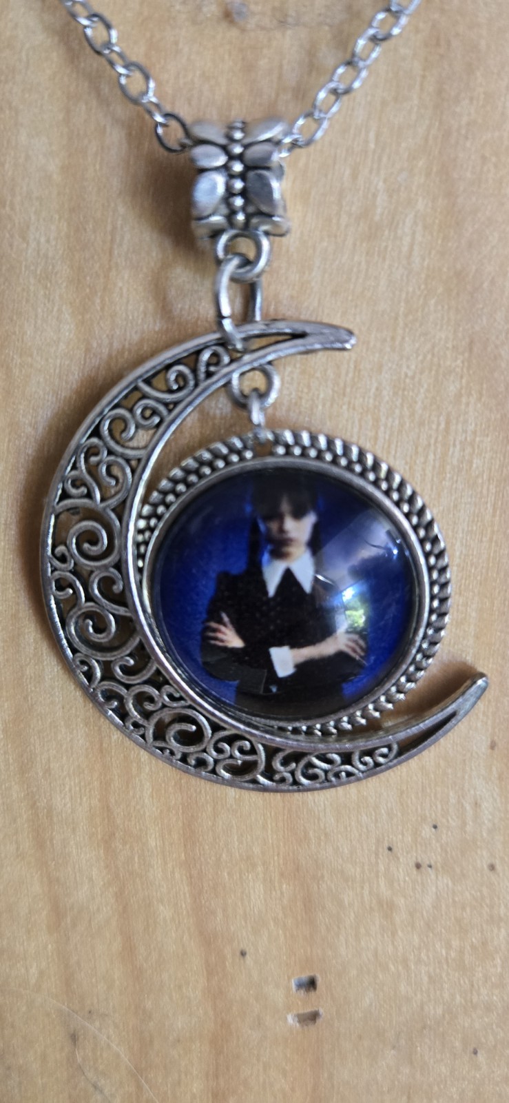 CRESCENT MOON Blue and Silver Tone Filigree Celestial Necklace 24” Not A Locket