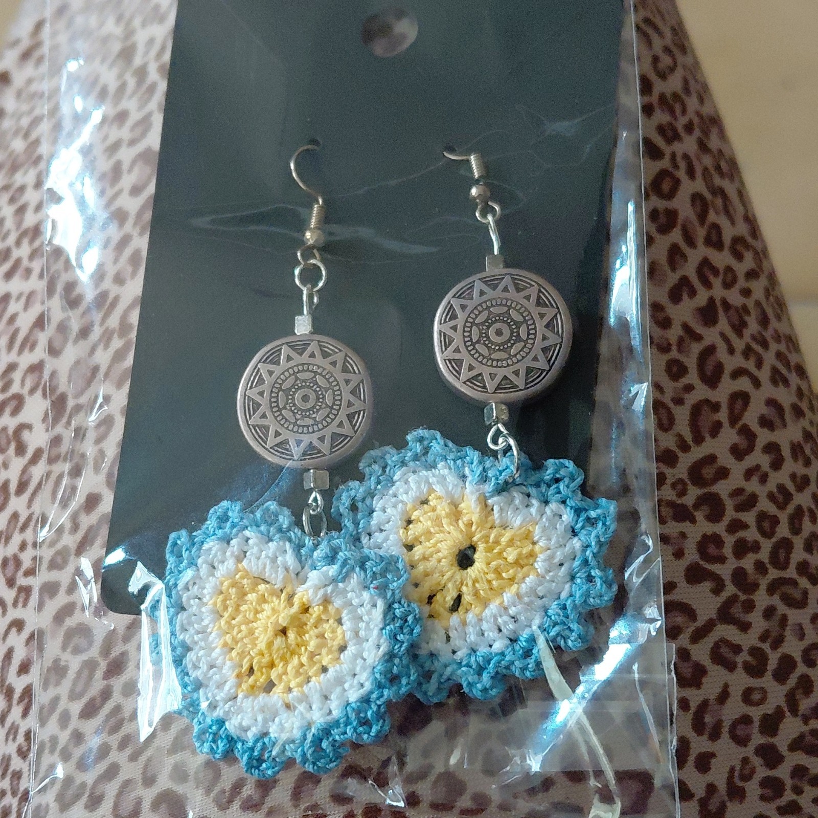 Handmade Crochet Flower Dangle/Drop Earrings Blue White Yellow Hook Boho