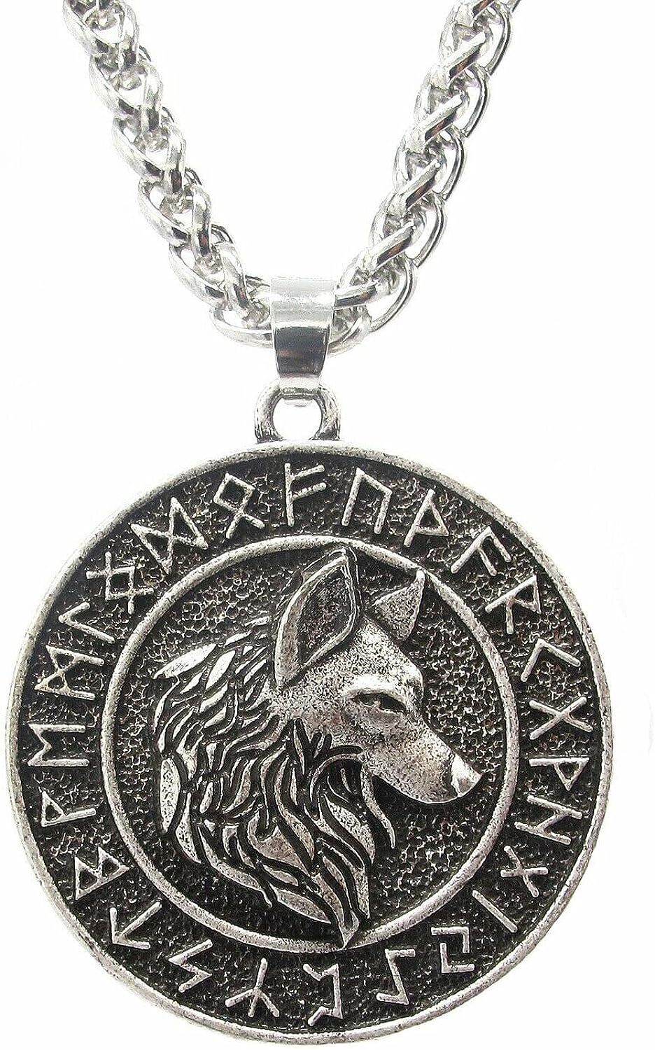 Men’s Vintage Norse Viking Rune Wolf Head Pendant Necklace Stainless Steel Gift
