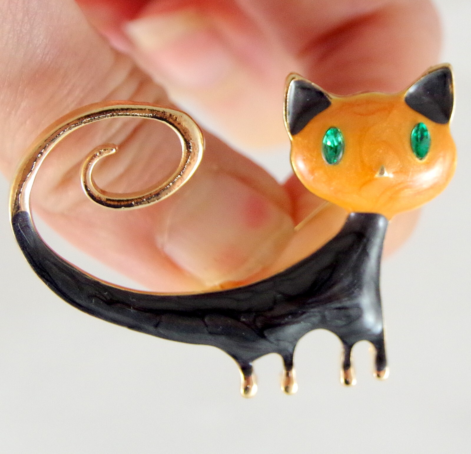 2″ ORANGE & BLACK CAT RHINESTONE EYES ENAMEL GOLD HALLOWEEN BROOCH PENDANT COMBO