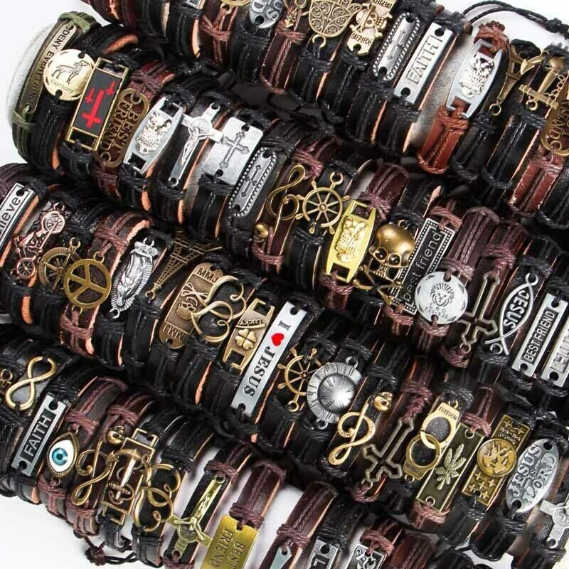 Wholesale lots 30pcs Mixed Styles Vintage Alloy leather Cuff Bracelets Jewelry