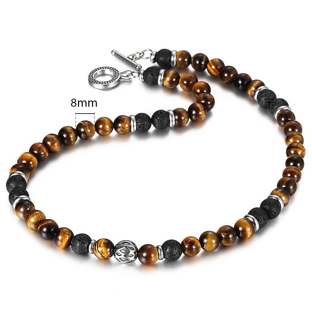 Men’s 8mm Natural Tiger Eye Lava Bead Necklace Stainless Steel Toggle 18/20/24″S