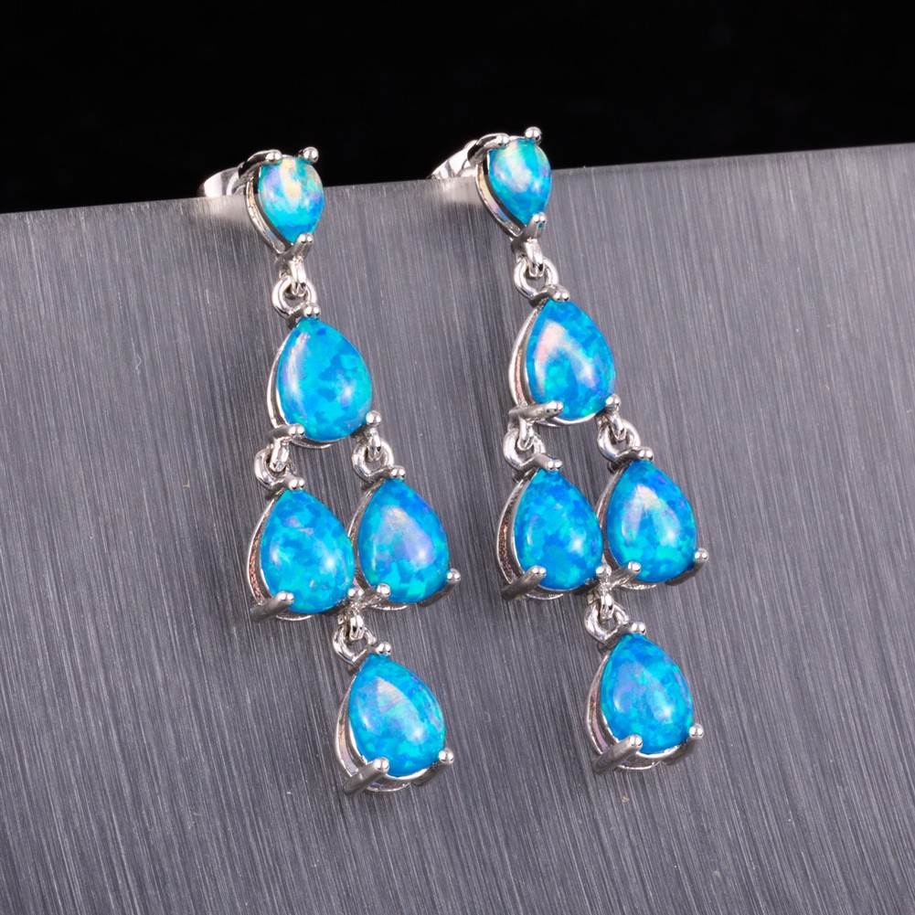 6×8 4×6 Pear Ocean Blue Fire Opal Cabochon Silver Jewelry Drop Pierced Earrings