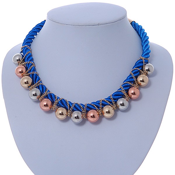 Blue Silk Cord With Gold/ Silver/ Rose Gold Balls Choker Necklace – 42cm L/ 5cm