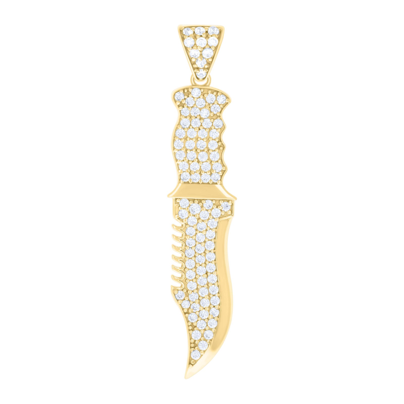 10K Yellow Gold Round CZ Men’s 1.55″ Iced Out Tools Charm Hunter’s Knife Pendant