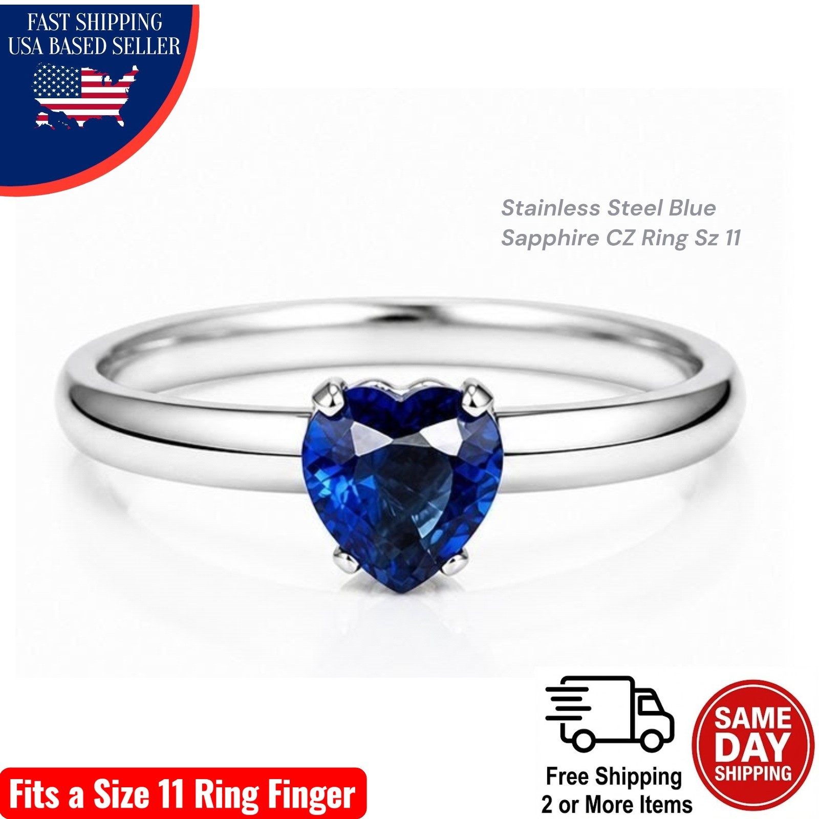 Blue Heart Sapphire CZ Stainless Steel Ring Size 11 Comfort Fit Anniversary Band