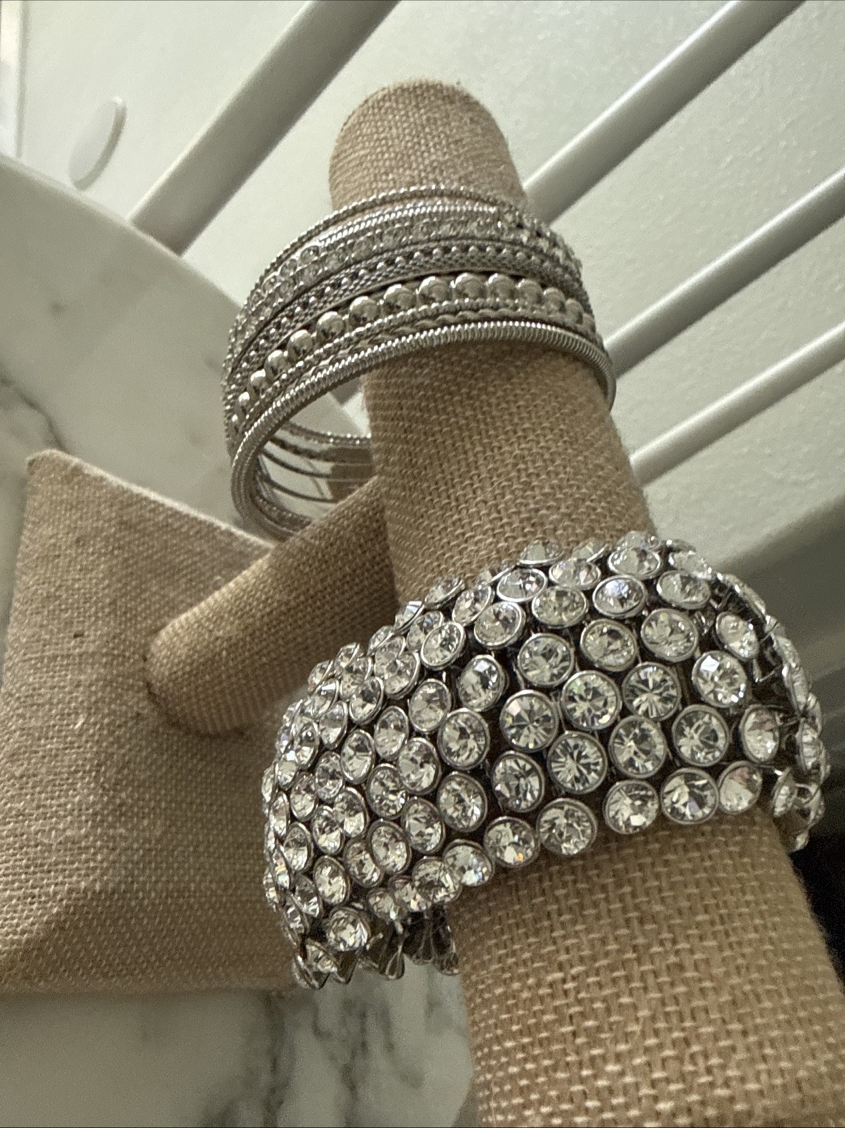 New Retro Anthropology Multi Crystal Stretch Bracelet and 9 Silver Bangles