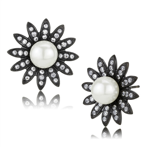 2Ct White Pearl AAA Grade Cubic Zirconia Black Ion Plated Stud Earrings Tk3484