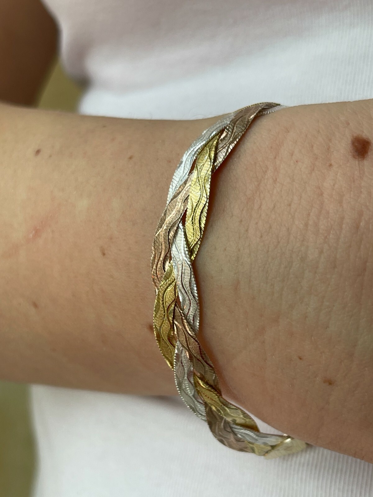 Solid 925 Silver Tri Color Yellow Rose Gold Plated Braided Herringbone Bracelet