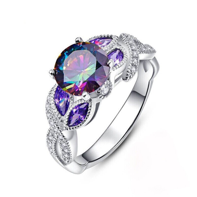 925 Sterling Silver Rainbow Mystical Fire Topaz Wedding Engagement Ring Size 8
