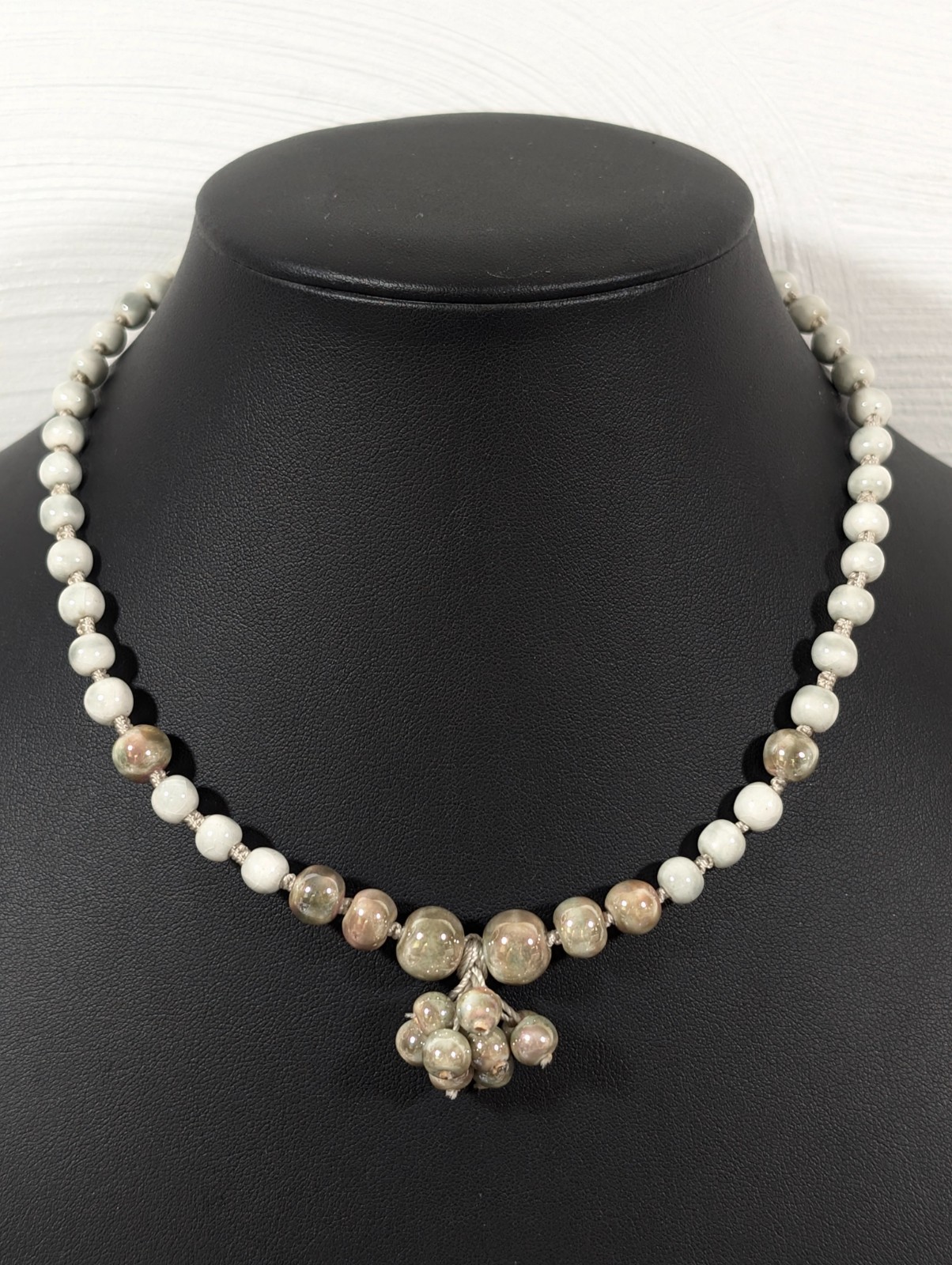 Ceramic Beaded Necklace 16″ White Gray Cluster Pendant Artisan Boho Jewelry