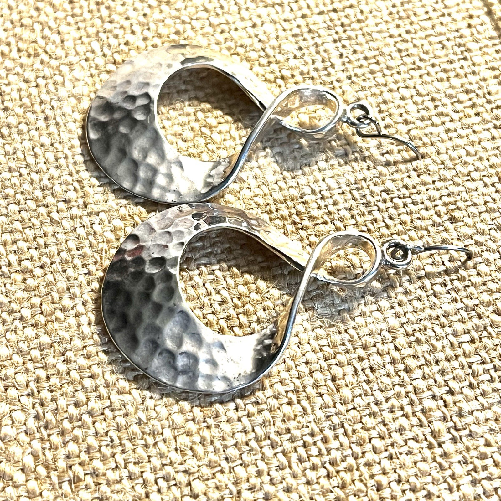 Hammered Silverplate Pierced Earrings 1 3/4 Inches Long Twisted Oval Dangles