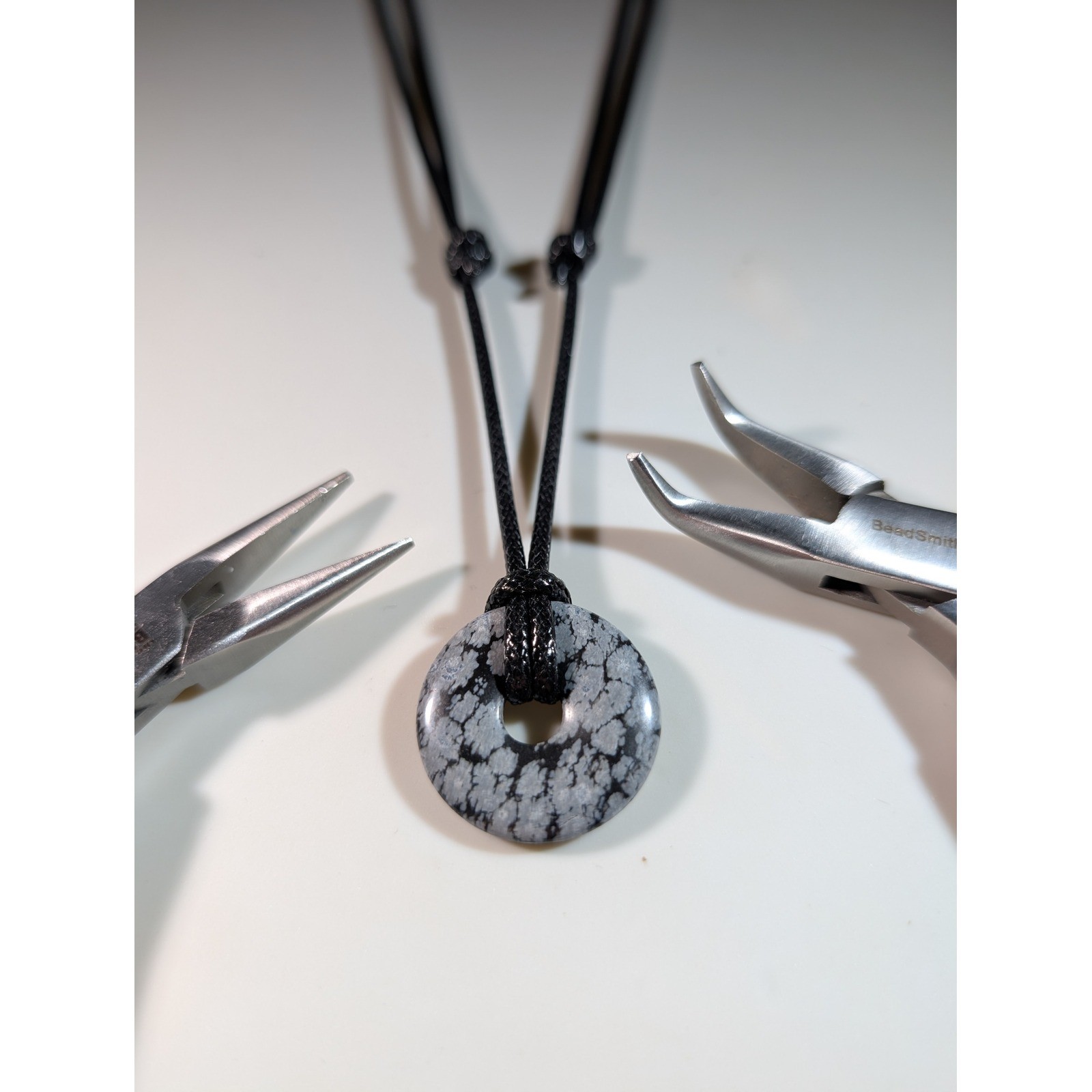 Snowflake Obsidian Donut Pendant Necklace Adjustable Black Cord Minimalist Stone