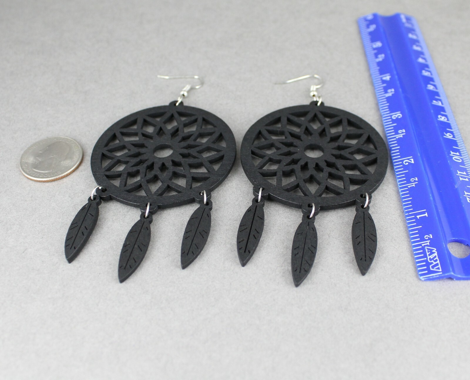 Black wood dream catcher feather earrings big lightweight leaf 4.25″ long