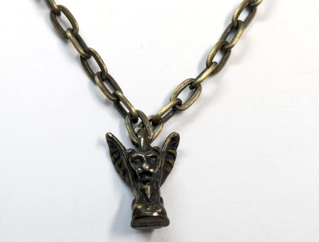 Bronze 18″ Long Chain 3/4″ Winged Gargoyle Lion Pendant Necklace Goth