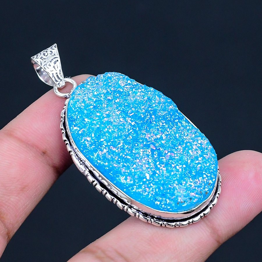 Blue Titanium Druzy 925 Silver Plated Handmade Pendant of 2.09″