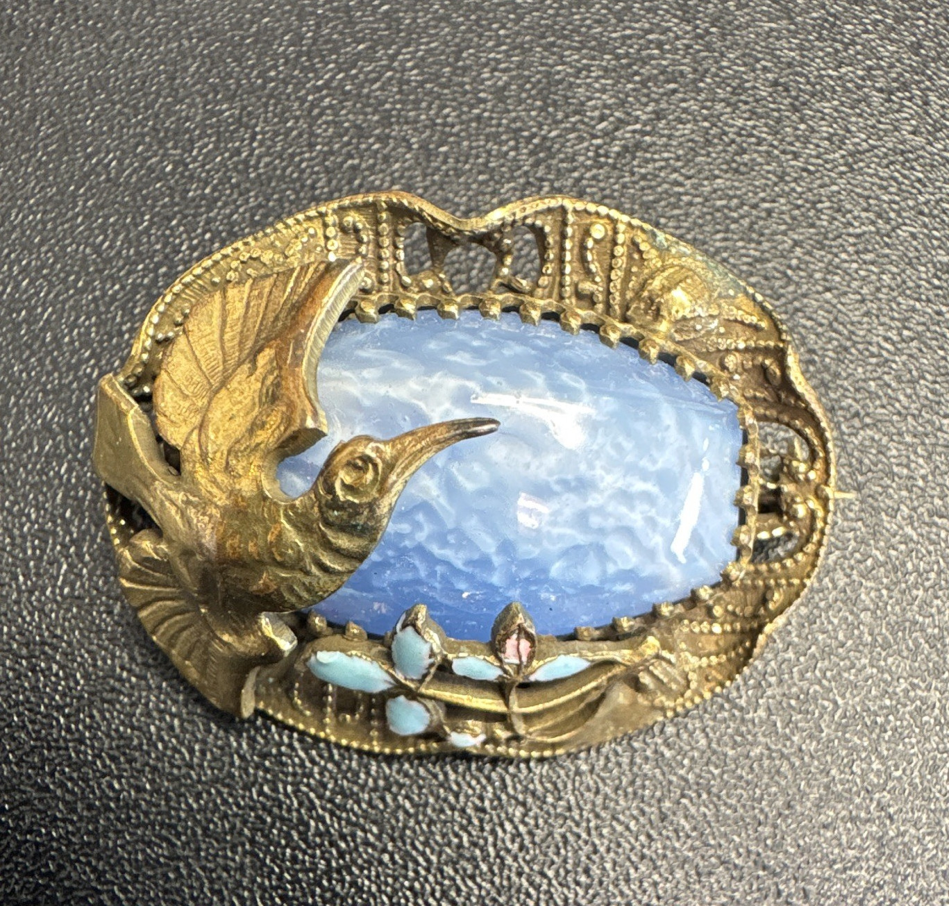 Vintage brass filigree bird brooch blue cabochon. Unique