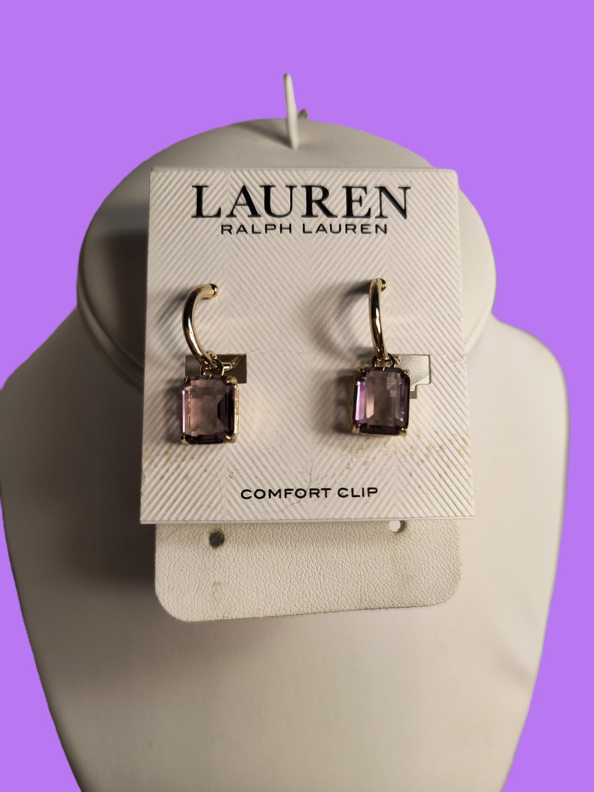 LAUREN Ralph Lauren Earrings Comfort Clip Goldtone Emerald Cut Light Purple Cabs