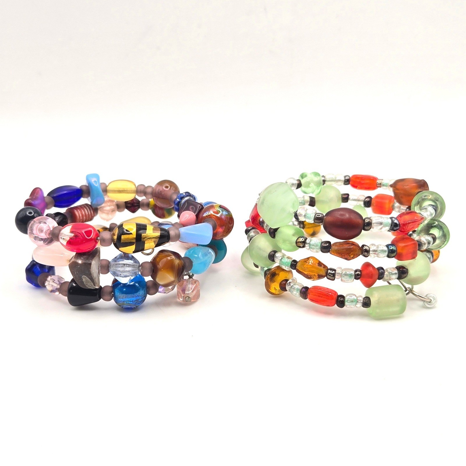 Set of 2 Multi Color Glass Bead Memory Wire Wrap Bracelets Boho Eclectic Style