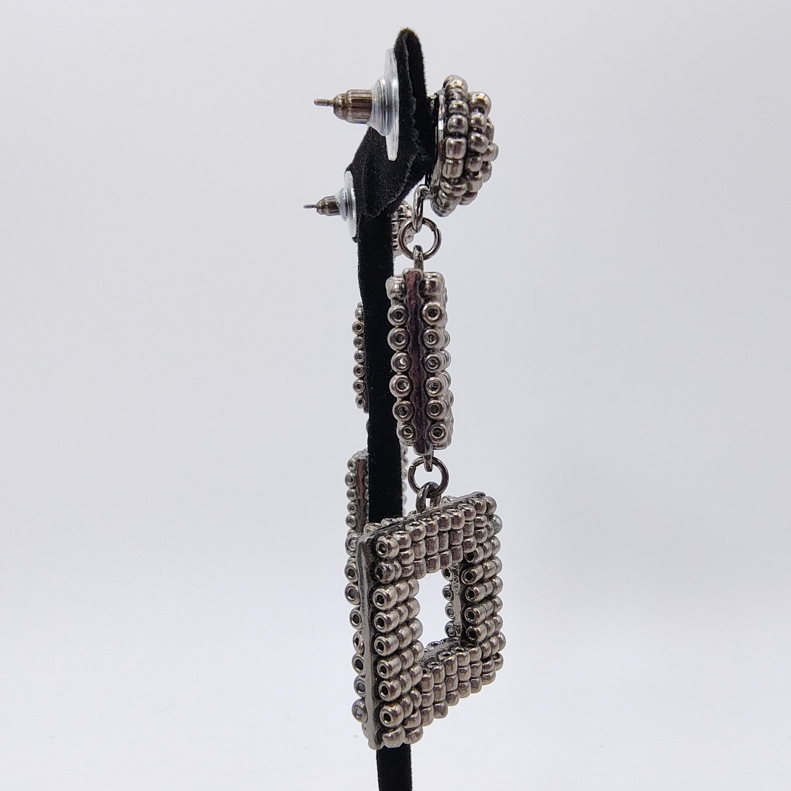 Geometric Maximalist Dangle Statement Earrings Gunmetal Beaded Industrial Chic