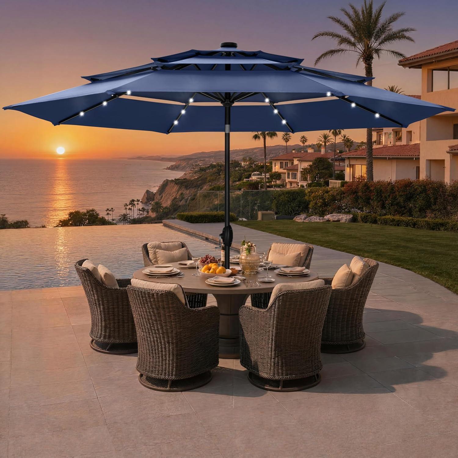 10Ft Navy Patio Umbrella with 24 LED Lights & Adjustable Tilt for Outdoor Use