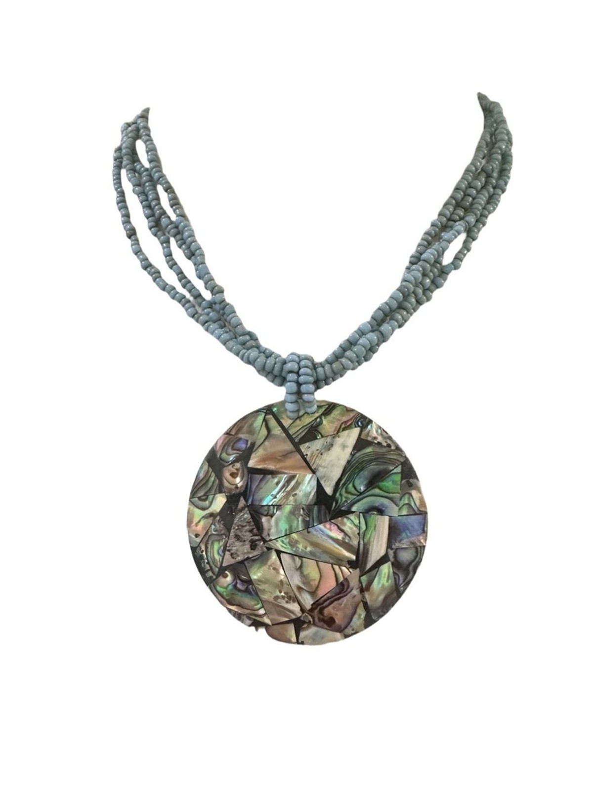 Source Unknown Blue Beaded Necklace with Iridescent Abalone Mosaic Pendant