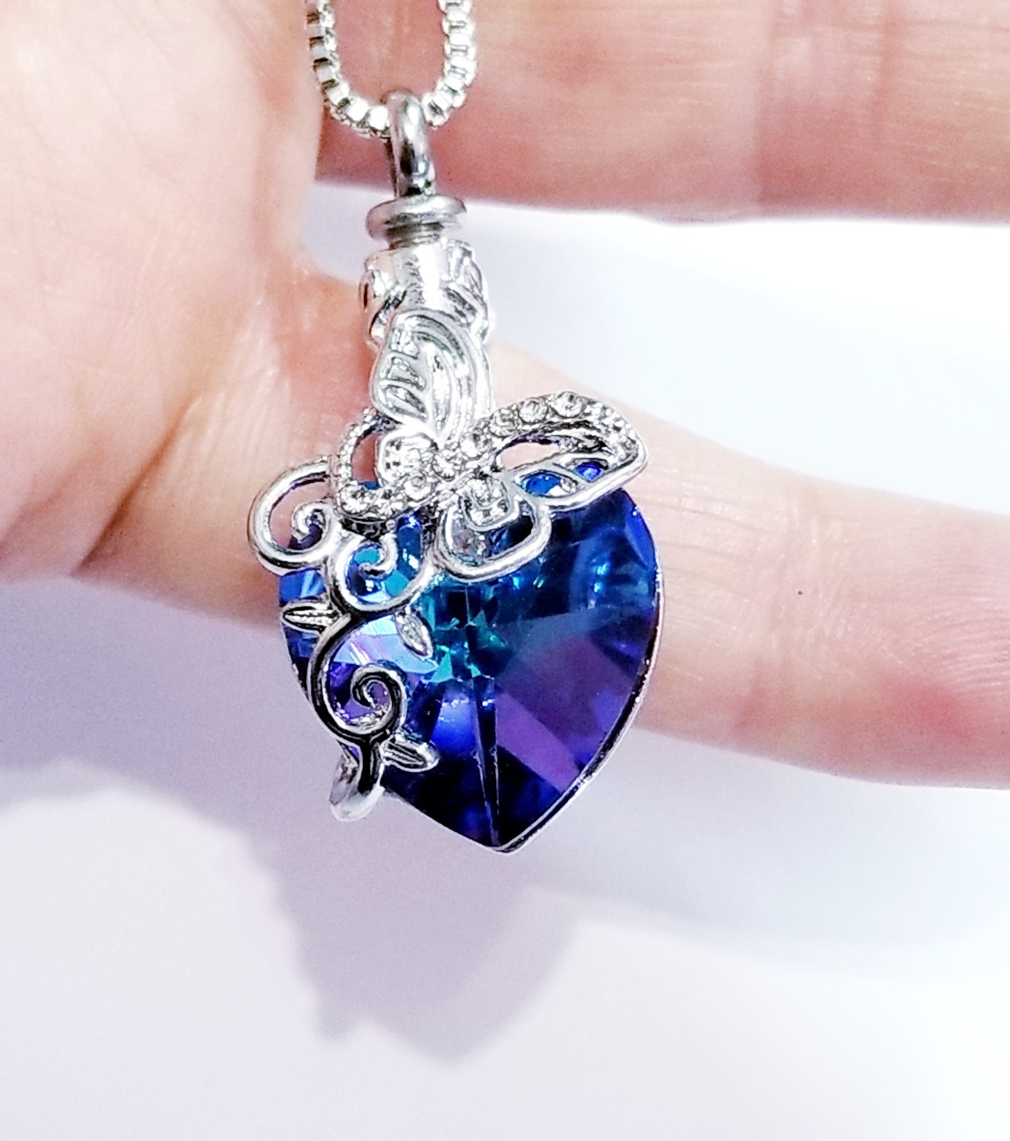 Silver Tone Urn Cremation Memorial Necklace Heart Butterfly Pendant for Ashes